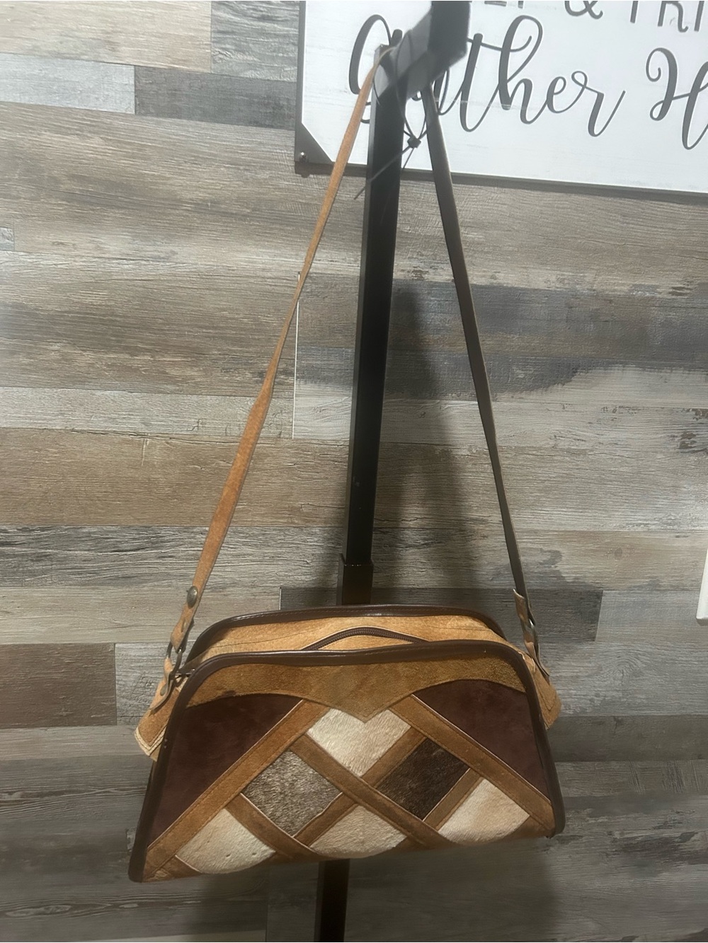 Vintage Patchwork Leather Cowhide Crossbody Bag in Brown & Tan